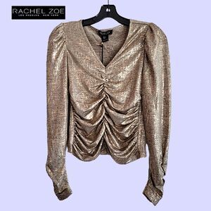 RACHEL ZOE NEW Metallic Gold V-Neck Ruche Bodice Puff Sleeve Top S